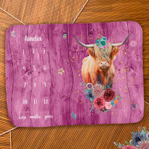 Pink Wood Gold Floral Highland Cow Baby Milestone Baby Blanket