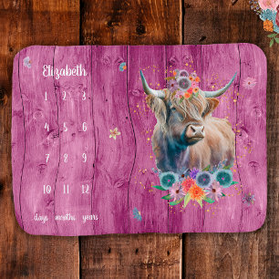 Pink Wood Gold Highland Cow Baby Milestone Blanket