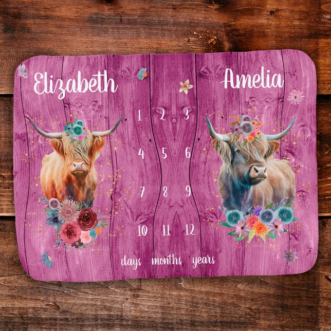 Pink Wood Gold Highland Cow Twins Milestone Baby Blanket (Creator Uploaded)