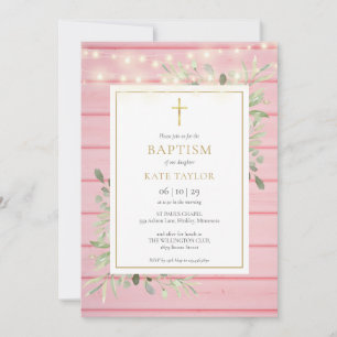 Pink Wood Lights Greenery Baptism Christening Invitation