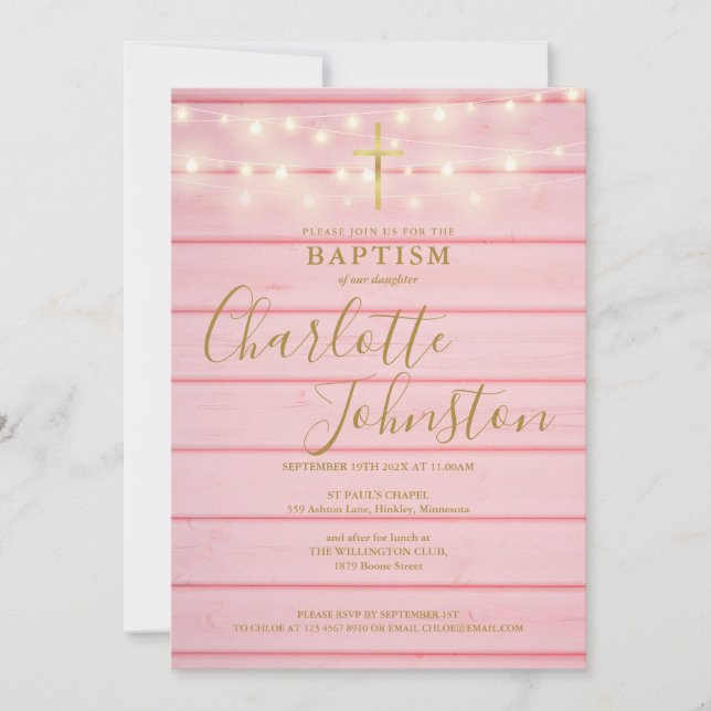 Pink Wood Lights Script Baptism Christening Invitation (Front)