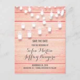 Pink Wood Rustic Mason Jar Lights Save the Date Announcement Postcard