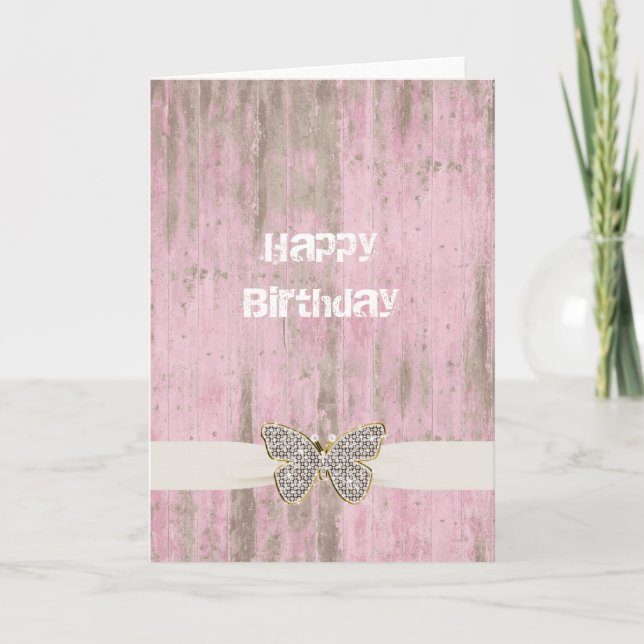 Pink Wood Silver Faux Diamonds Butterfly Birthday Card (Front)