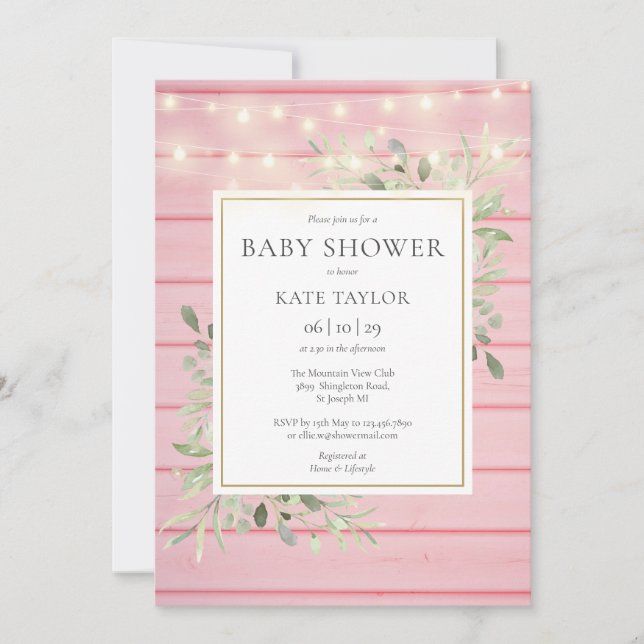 Pink Wood String Lights Greenery Baby Shower Invitation (Front)