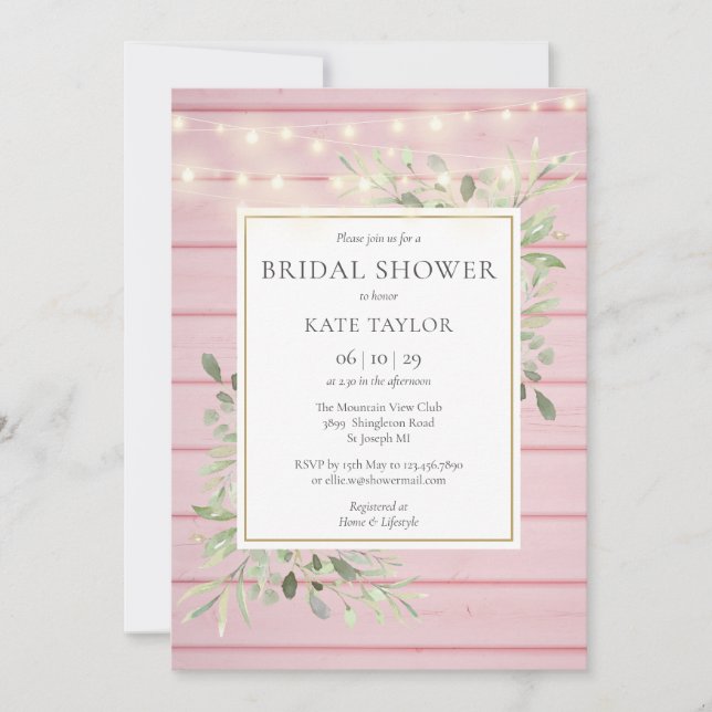 Pink Wood String Lights Greenery Bridal Shower Invitation (Front)