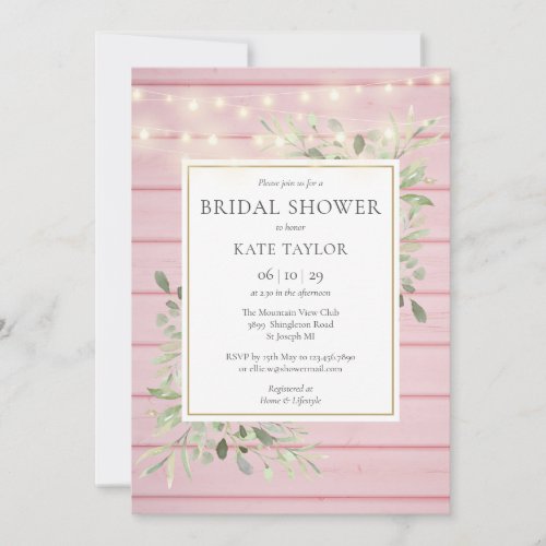 Pink Wood String Lights Greenery Bridal Shower Invitation