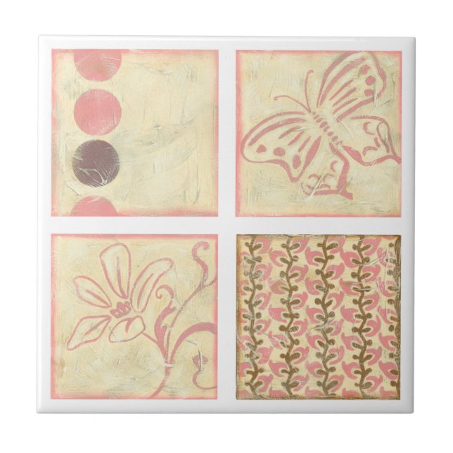 Pink Woodblock Drawings by Chariklia Zarris Ceramic Tile (Front)