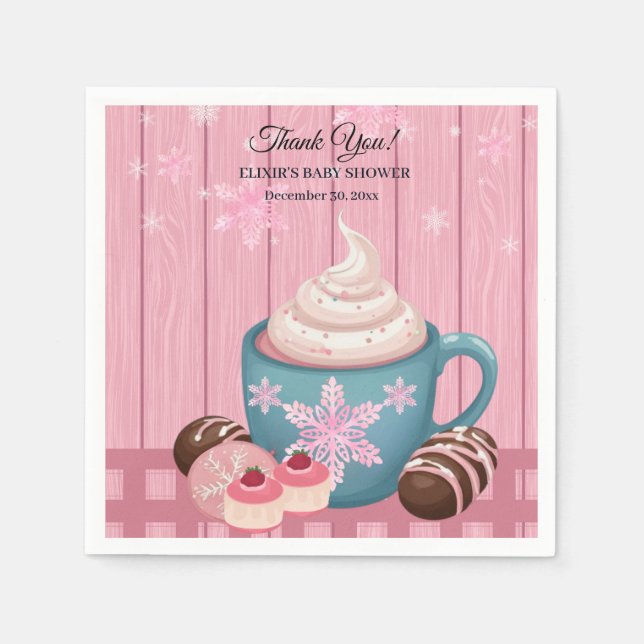 Pink Wooden Hot Cocoa Whipped Cream Baby Shower Napkins (Front)