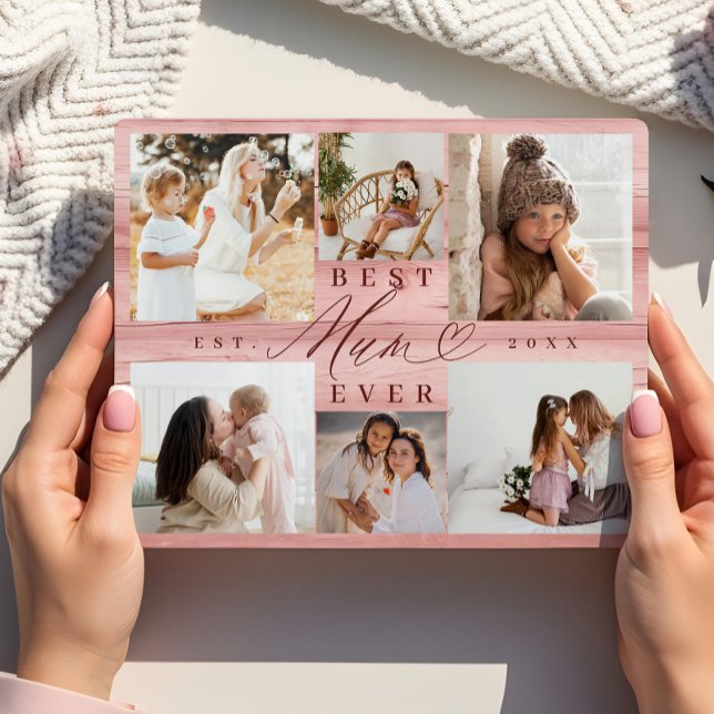 Pink Woodgrain Custom Photo Collage Gift For Mum Plaque (Best Mum Ever Family Photo Collage Pink Woodgrain Plaque)