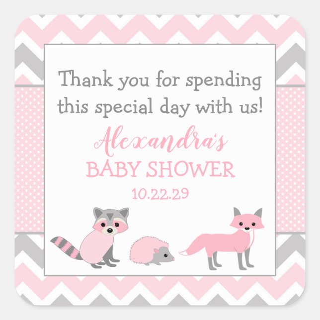Pink woodland animal baby shower favor sticker (Front)