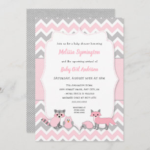 Pink woodland animal baby shower invitation