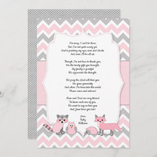 Pink woodland animal baby shower thank you card