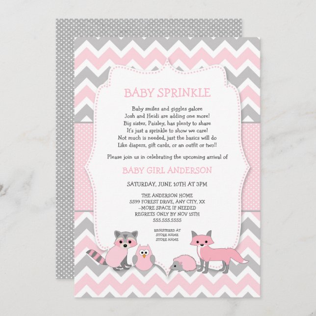 Pink woodland animal baby sprinkle, baby shower invitation (Front/Back)