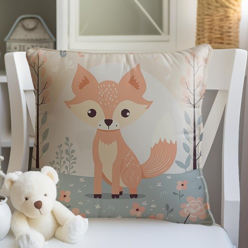 Pink Woodland Animal Fox Forest Girl Nursery Throw Pillow