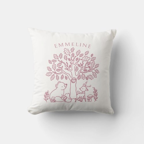 Pink Woodland Animals And Tree Throw Pillow