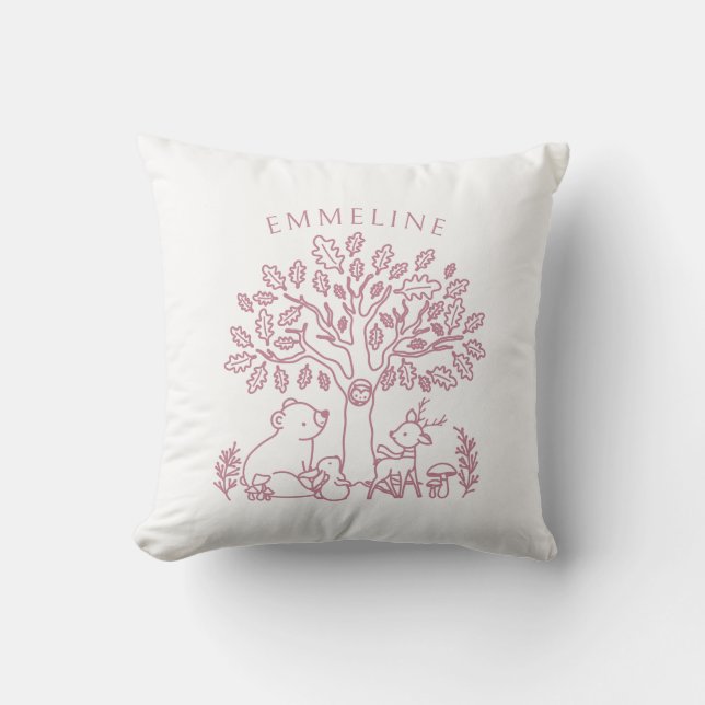 Pink Woodland Animals And Tree Throw Pillow (Front)