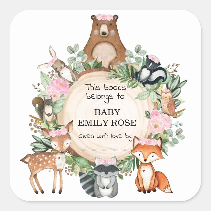 Pink Woodland Animals Baby Shower Bookplate Labels