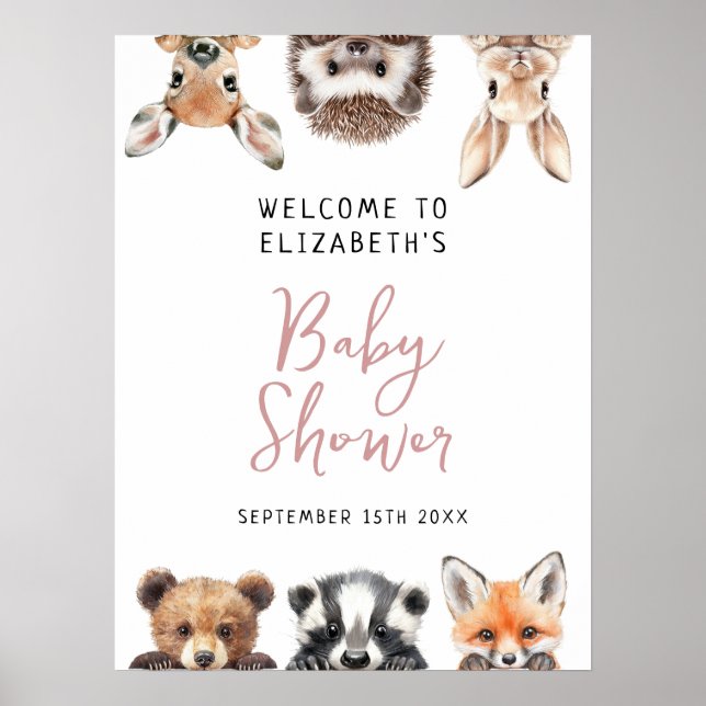 Pink Woodland Animals Baby Shower Welcome Sign (Front)