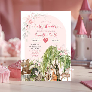 Pink Woodland Animals Enchanted Forest Baby Shower Invitation