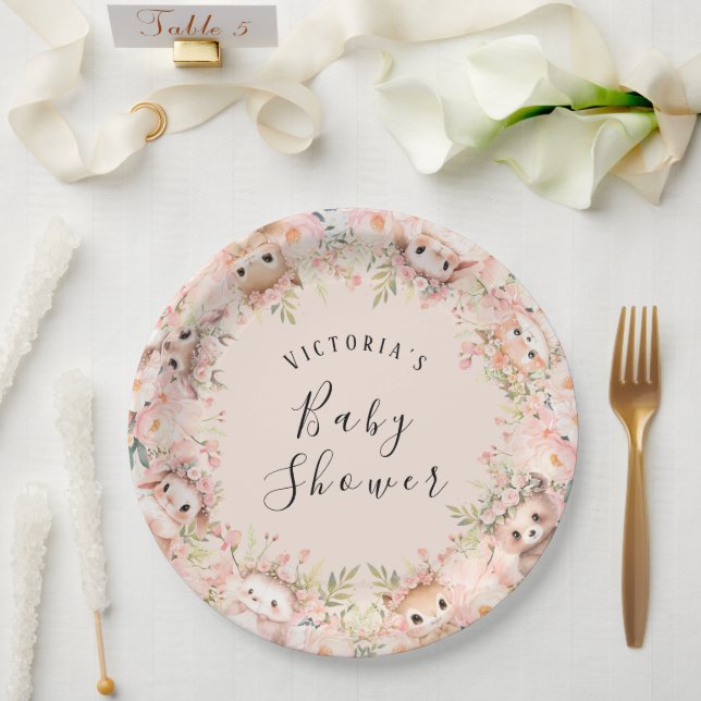 Pink Woodland Animals Personalized Name  Paper Plates (Wedding)