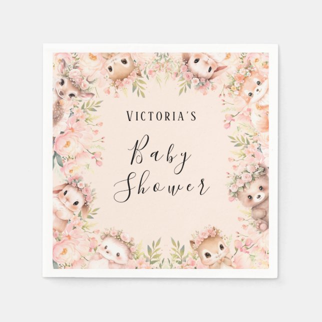 Pink Woodland Animals Personalized Paper Napkin (Front)