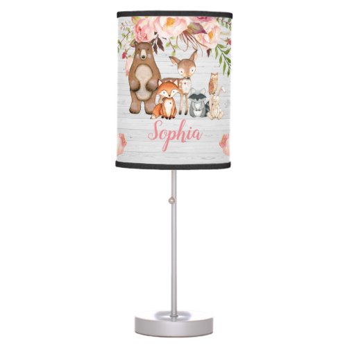 Pink Woodland Animals Rustic Wood Girl Nursery Table Lamp