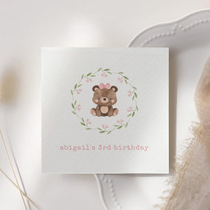 Pink Woodland Bear Floral Eucalyptus Birthday Napkins
