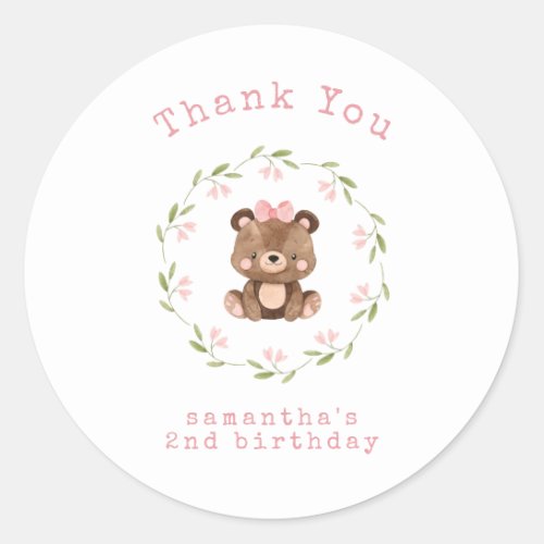 Pink Woodland Bear Girl Birthday Thank You Classic Round Sticker