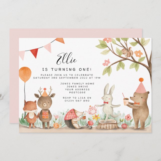 Pink Woodland Birthday Party Invitation (Front/Back)