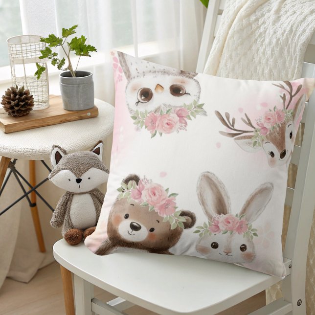 Pink Woodland boho Friends Baby Girl Shower  Throw Pillow (Creator Uploaded)