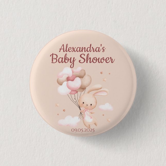 Pink Woodland Bunny Rabbit Baby Shower Button (Front)
