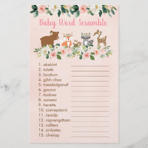 Pink Woodland Floral Baby Word Scramble Game