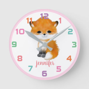 Pink Woodland Fox Colorful Kids Wall Clock