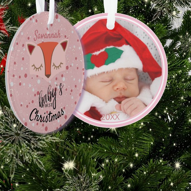 Pink Woodland Fox First Christmas Photo Ornament (Creator Uploaded)