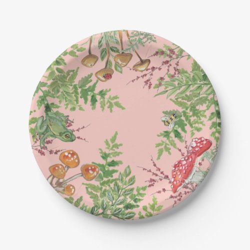 Pink Woodland Frog Bee Mushroom Rustic Picnic Paper Plates