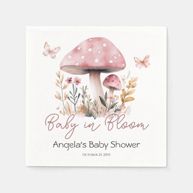 Pink Woodland Mushroom Baby Shower Napkins (Front)