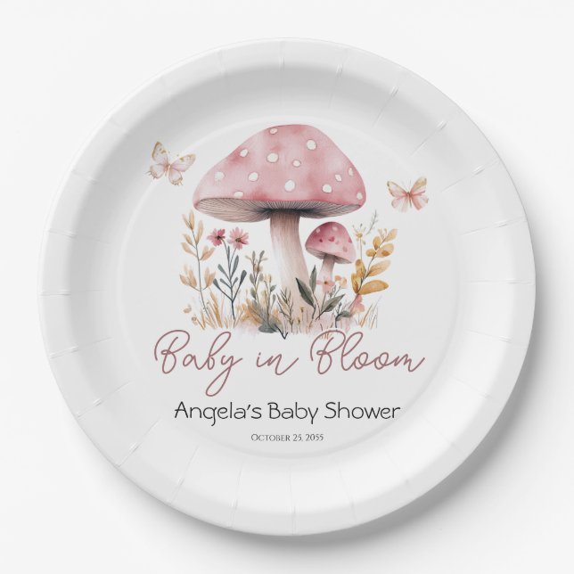 Pink Woodland Mushroom Baby Shower Paper Plates (Front)
