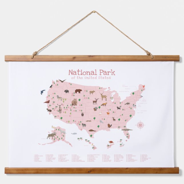 Pink Woodland National Parks Map Nursery Decor Hanging Tapestry (Front)