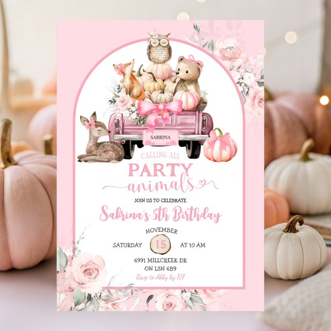 Pink Woodland Pumpkin Truck Animals Birthday Invitation (Creator Uploaded)