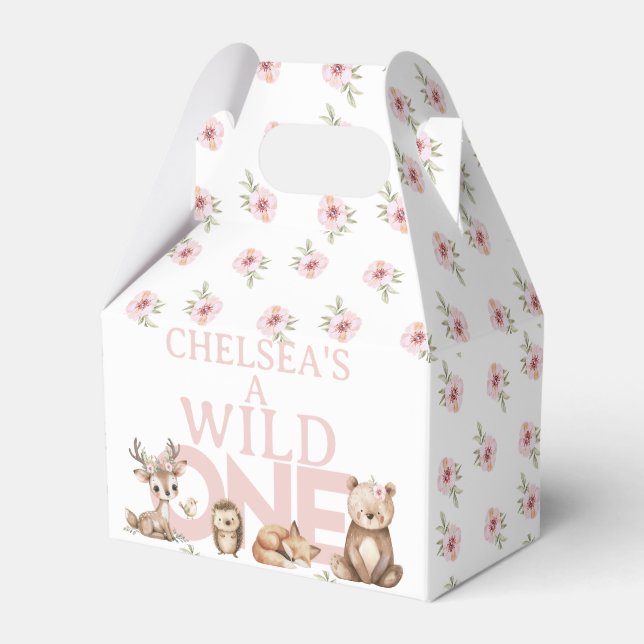Pink Woodland Wild One 1st Birthday Favor Boxes (Front Side)