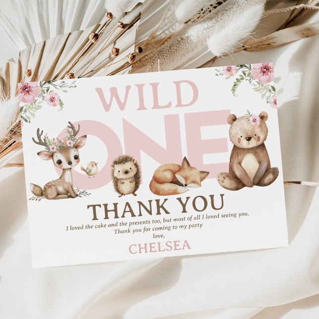 Pink Woodland Wild One 1st Birthday Thank You Card (Pink Woodland Wild One Thank You Birthday Card, Wildflowers Woodland Wild One Thank You Card)