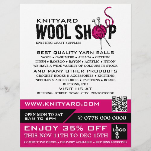 Pink Wool Shop Logo Knitting Store Yarn Store Flyer