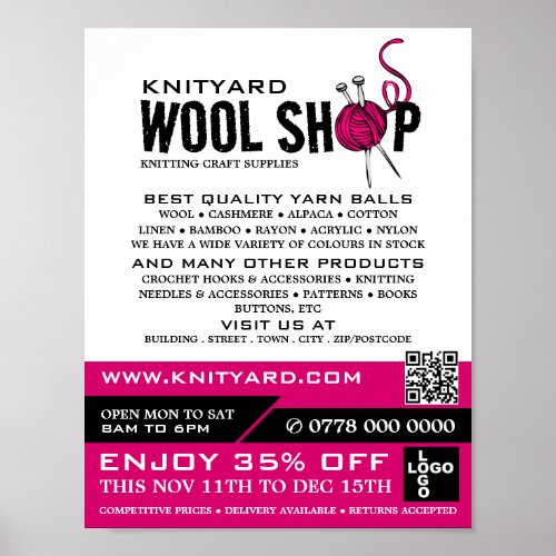 Pink Wool Shop Logo Knitting Store Yarn Store Poster