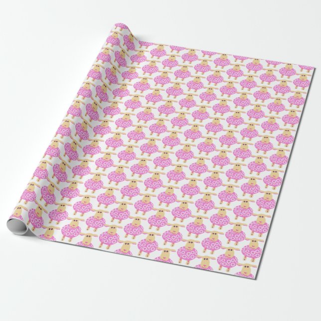 Pink woolly lamb baby giftwrap wrapping paper (Unrolled)