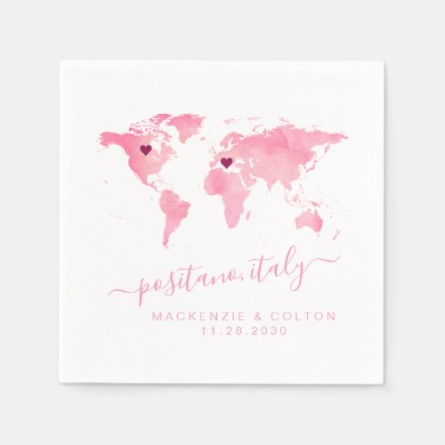 Pink World Map 2 Hearts Destination Wedding Shower Napkins