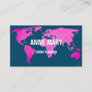 Pink World Map Abstract Art Blue Wedding Cute Business Card