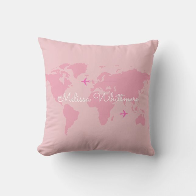 pink world map & airplanes, custom throw pillow (Front)