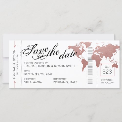 Pink World Map Boarding Pass Save the Date Card