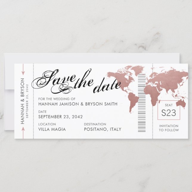 Pink World Map Boarding Pass Save the Date Card (Front)