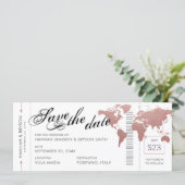 Pink World Map Boarding Pass Save the Date Card (Standing Front)